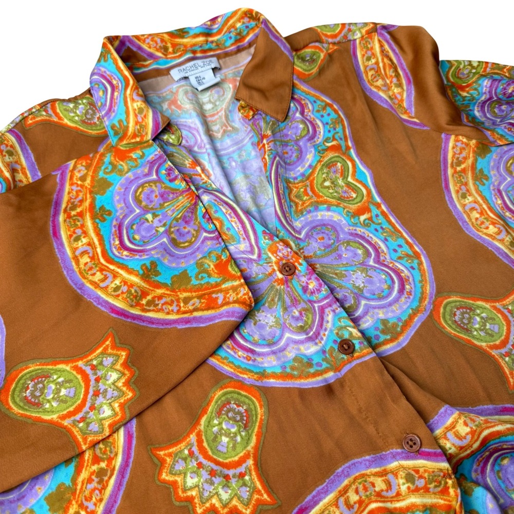 Womens Paisley Bell Sleeve Front Tie Blouse Large Boho 70s Style Hippie Festival